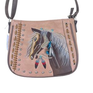 Western crossbody shoulder bag horse embroidery and studs tan brown colors